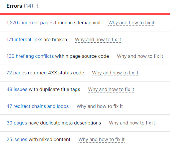 Semrush Site Audit - Errors