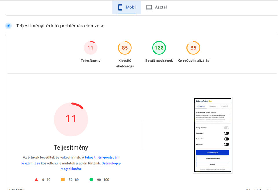 furgefutar.hu oldal betöltési sebesség mobil nézetben