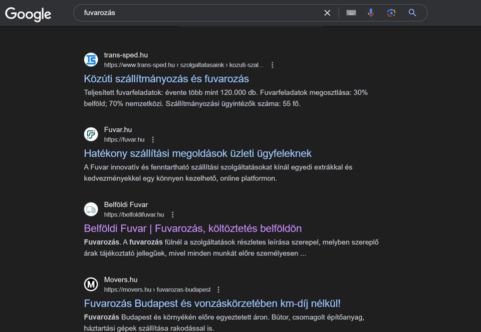 fuvarozás kulcsszó Google találati listán