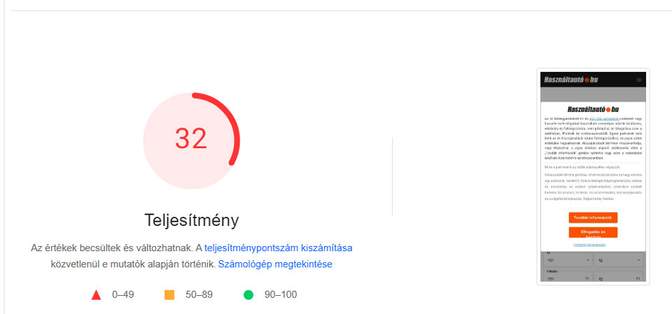 hasznaltauto.hu teljesítménye mobilon